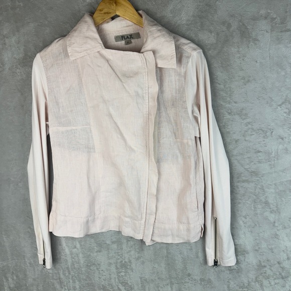 Flax Jackets & Blazers - FLAX‎ Linen Moto Jacket Pink Asymmetrical Zip Petite P  Lagenlook Collared